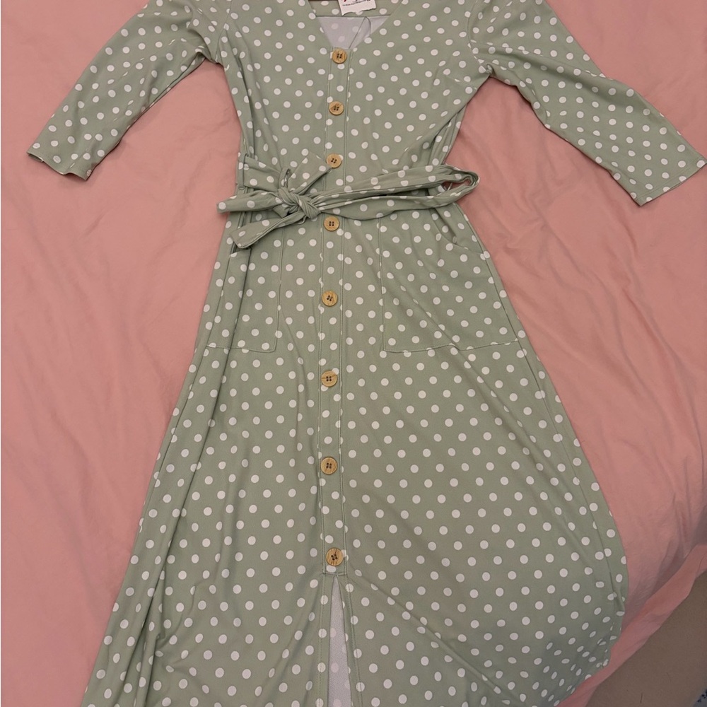 Sage Green Polka Dot Button-Front Midi Dress